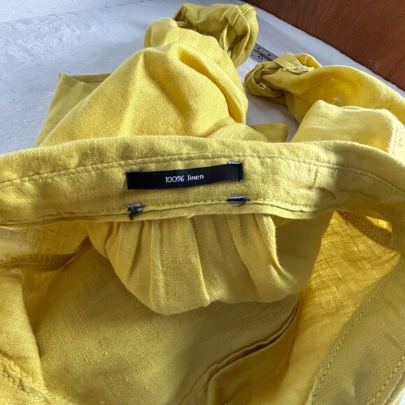 Womens Yellow Linen Button Up Tunic Shirt Top Roll-Tab Sleeve Casual Lightweight - Picture 3 of 6